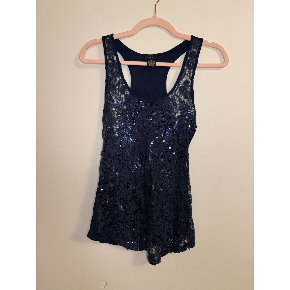 rue21 Navy Blue Lace Sequin Floral Racerback Tank Top Y2K Medium